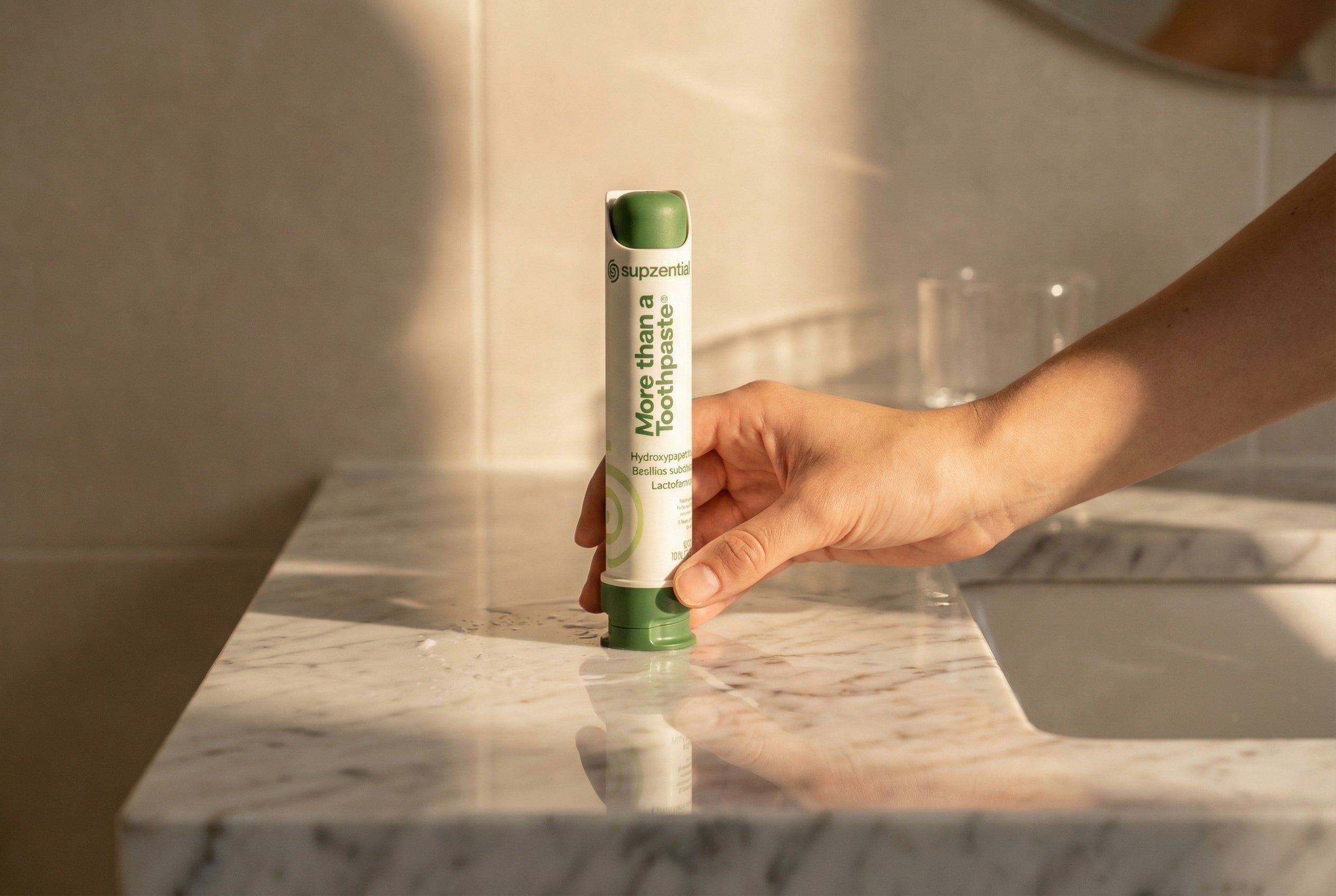 A hand reaches for Supzential More than a Toothpaste on a sunlit marble vanity, showcasing the brand's premium, aesthetic design.