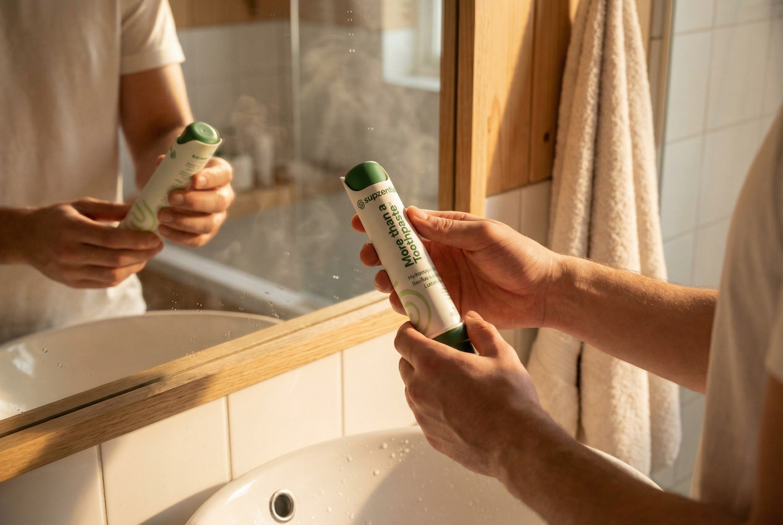 A hand reaches for a tube of Supzential More than a Toothpaste showcasing its elegant and modern design.