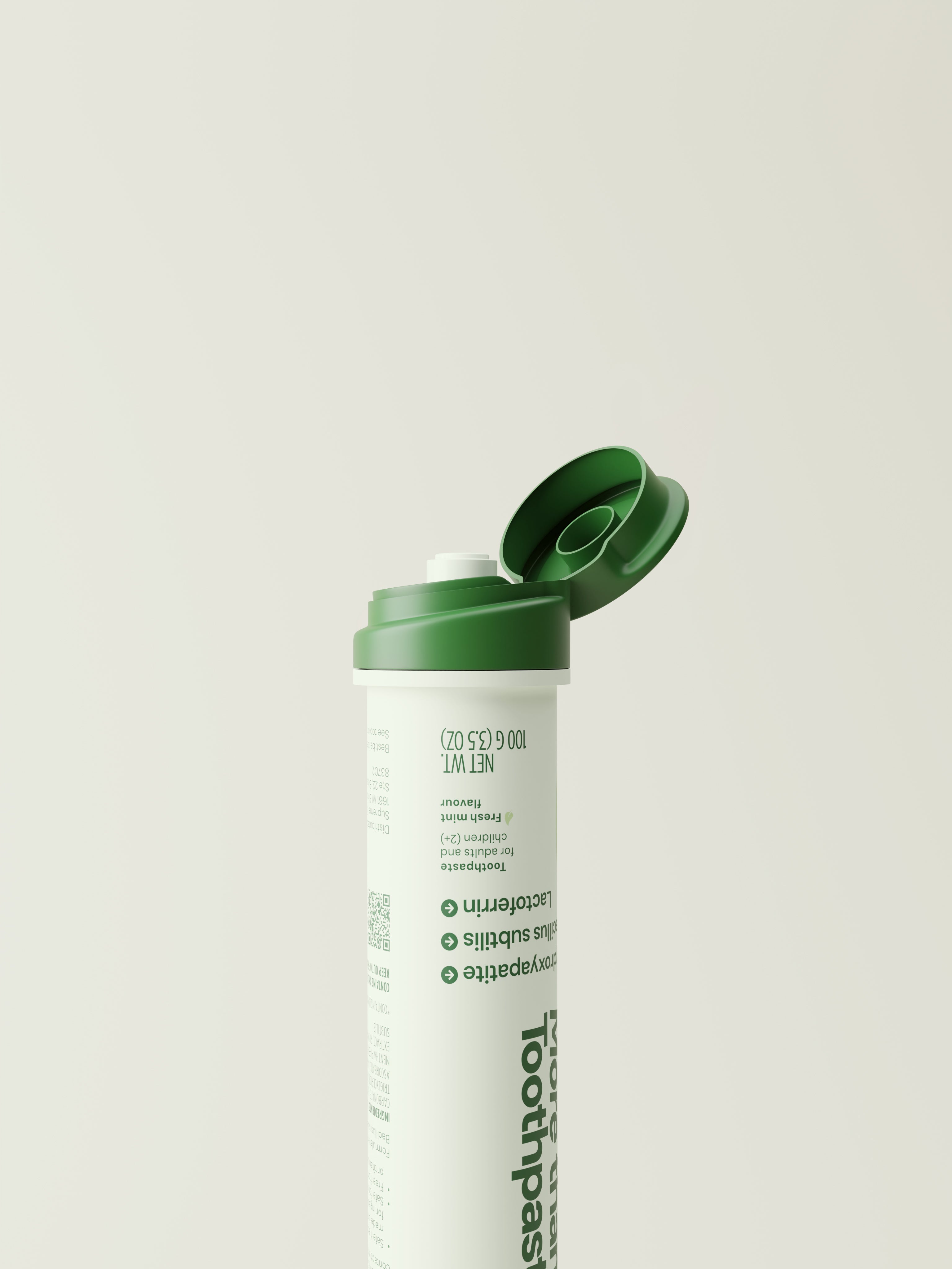 A close-up of an open Supzential More than a Toothpaste tube, featuring its convenient flip-top cap and fresh mint flavor.