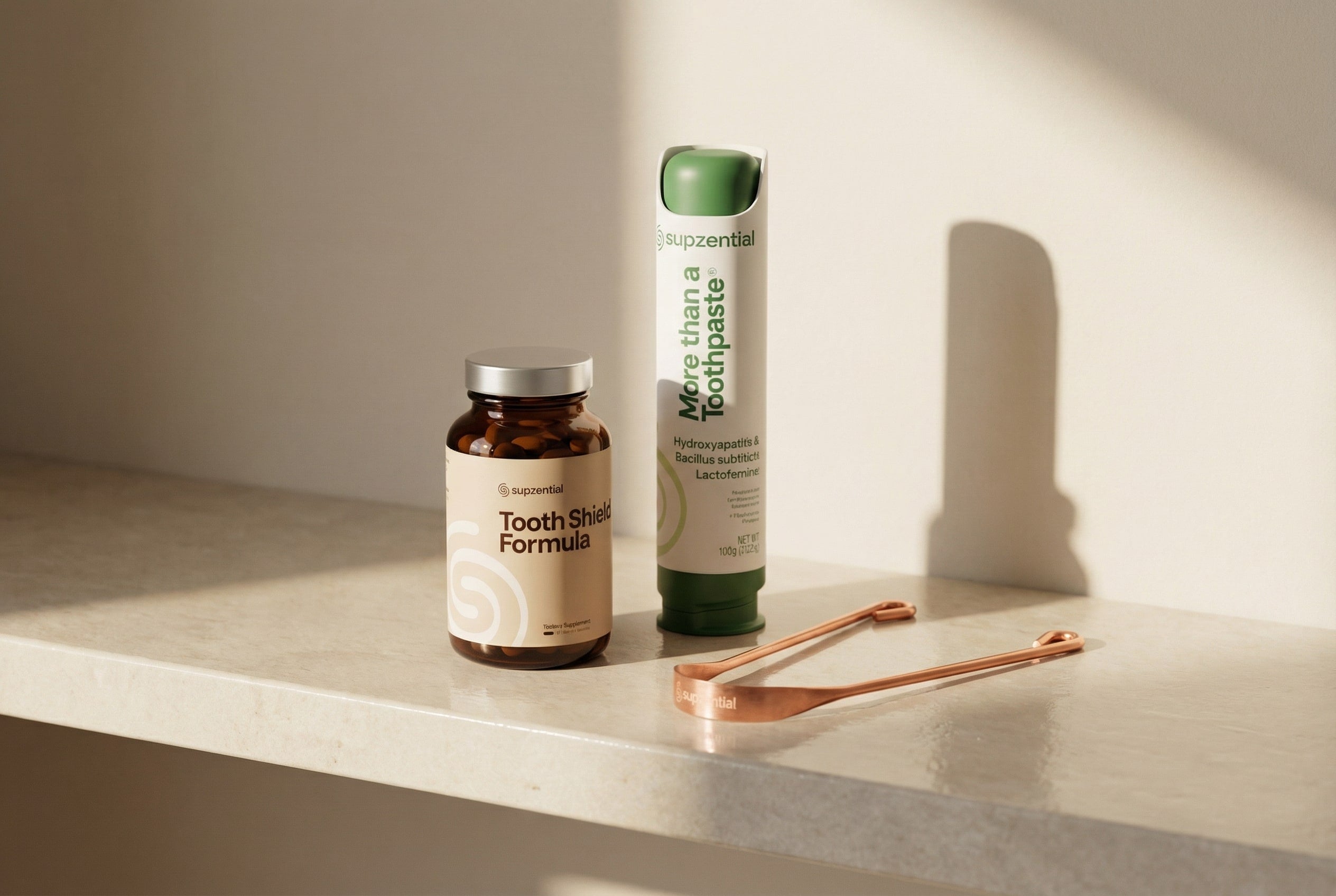 A bottle of Tooth Shield Formula, a tube of More than a Toothpaste, and a Copper Tongue Scraper displayed together as the Supzential products collection.