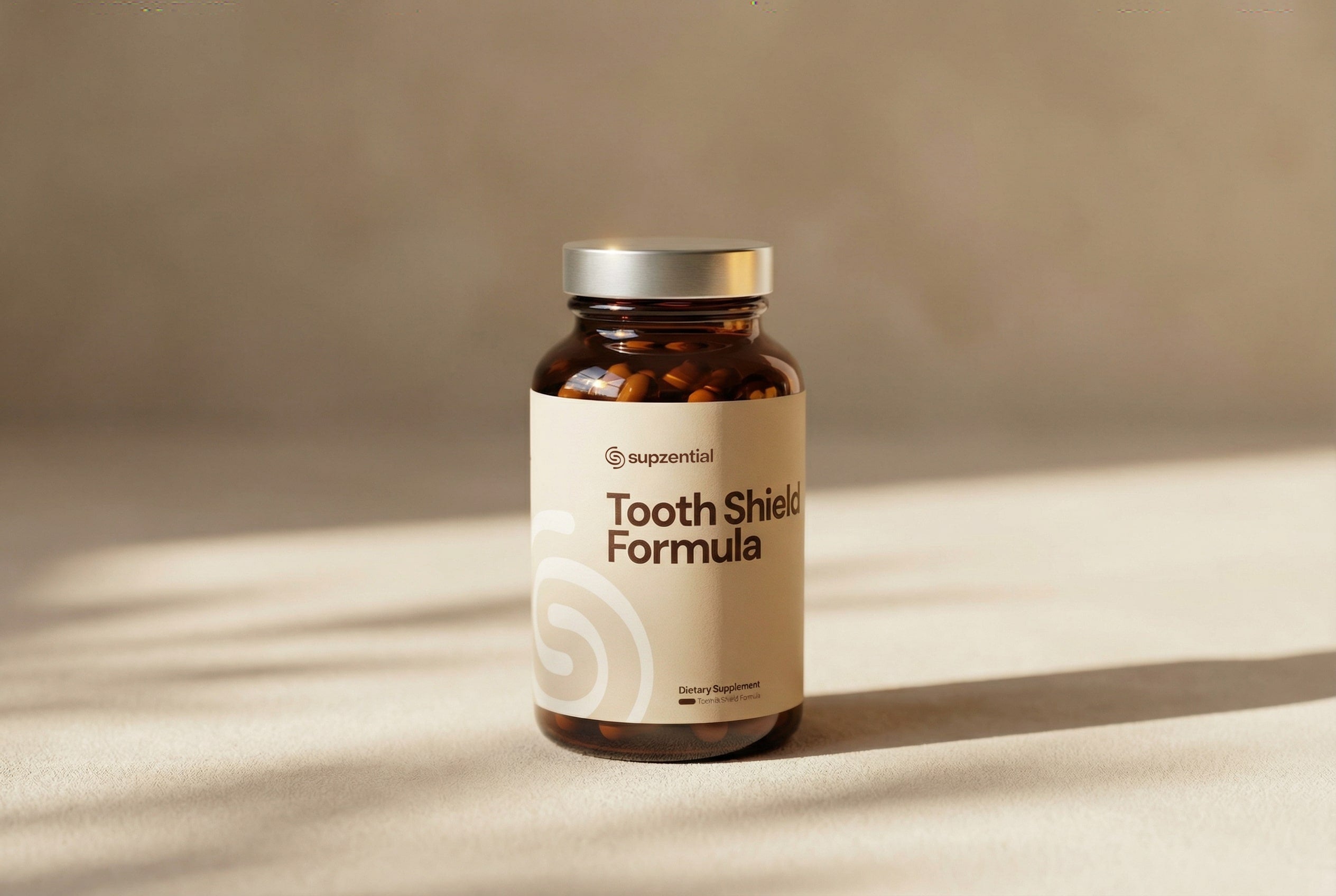 A bottle of Supzential Tooth Shield Formula dietary supplements sits in soft sunlight, designed to support oral health from the inside out.